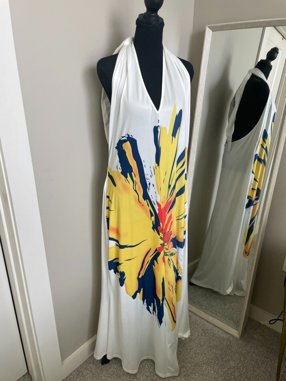 White Halter Floral Maxi Dress – Bold Abstract Print – Summer Resort Chic